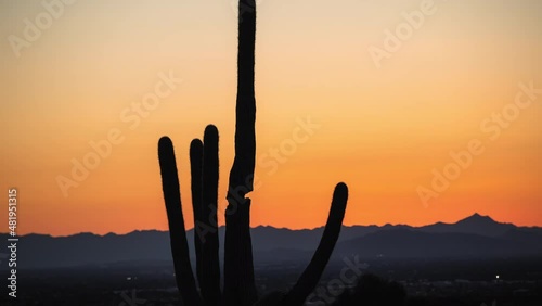 Stunning Orange Sunset Time-Lapse Behind Cactus Shadow Silhouette with Phoenix South Mountains photo