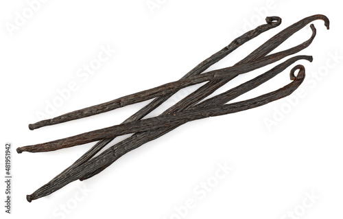 Dried vanilla pods isolated on the white background, top view.