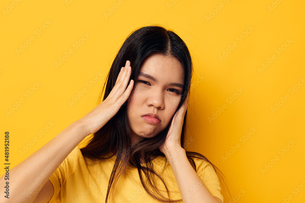 Portrait Asian beautiful young woman emotions upset problems isolated background unaltered