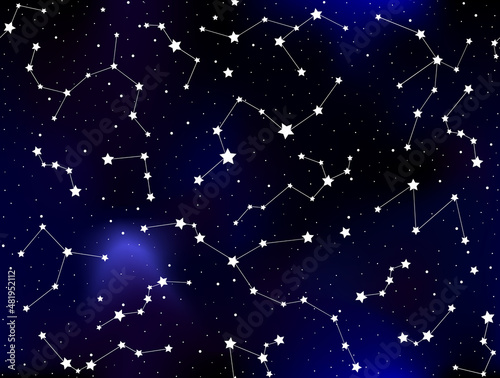 Decorative astronomy vector seamless texture with constellations over starry sky 