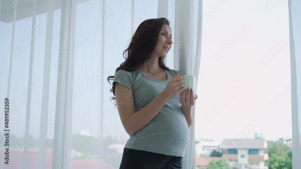 Portrait of Young Caucasian Pregnant Woman Standing Near Window and Looking Out and Drink Milk Portrait of Young Caucasian Pregnant Woman Standing Near Window and Looking Out and Drink Milk