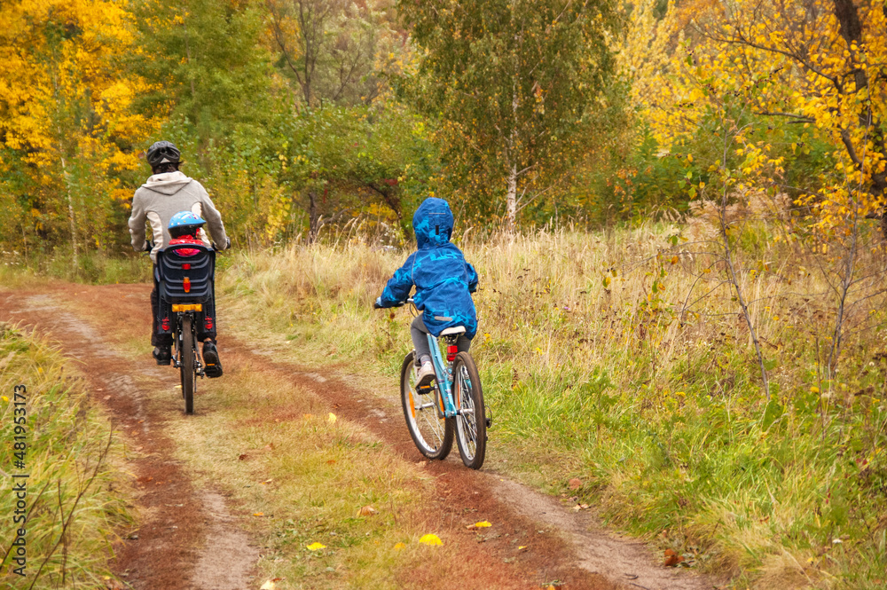 Fototapeta premium Family cycling in golden autumn park, active father and kids ride bikes, family sport and fitness with children outdoors