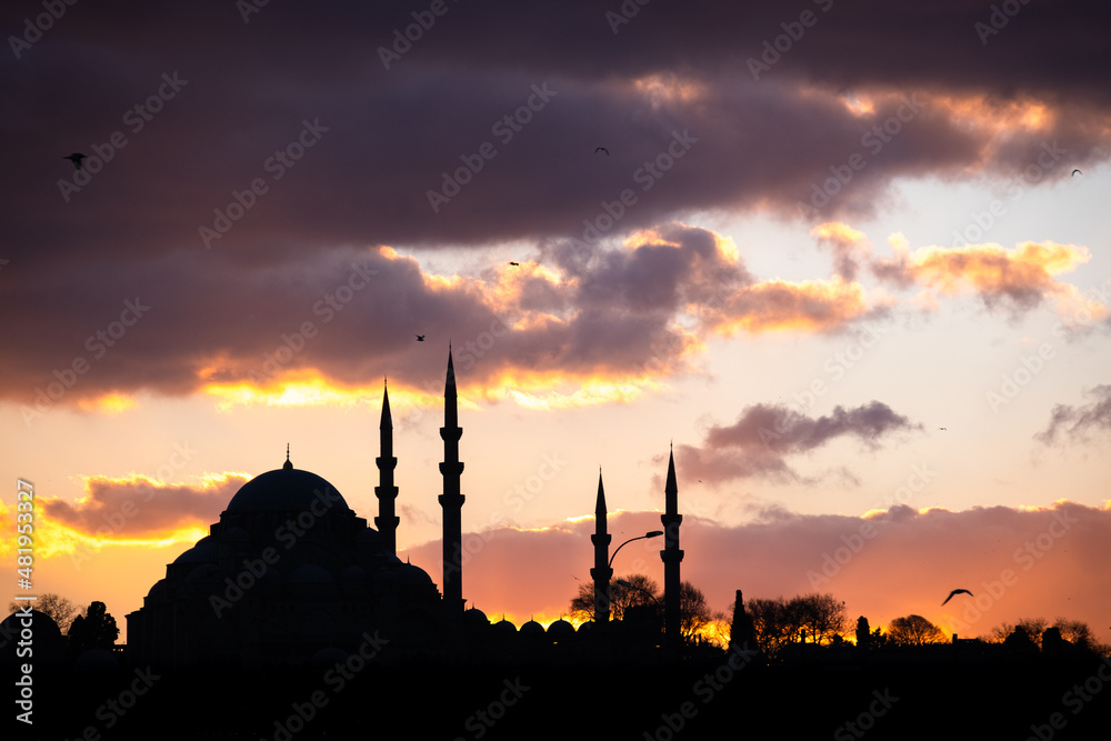 Suleymaniye Mosque silhouette at sunset. istanbul, turkey
