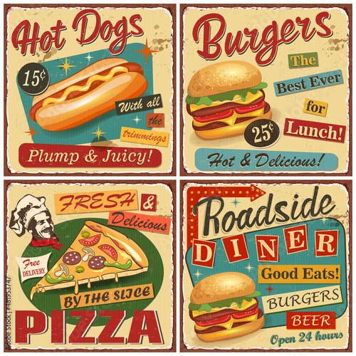 Fast food vintage vector poster collection.Retro Diner,burger,hot dog,pizza metal sign.
