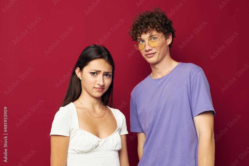 young man and girl summer style posing fashion emotions isolated background young man and girl summer style posing fashion emotions isolated background