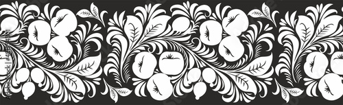 Vector seamless monochrome fruit and berry Russian national pattern border, Khokhloma. Ethnic endless frame ornament of the Slavic peoples of Europe.
