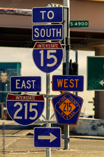 The Interstate Highway Signs USA. South east west signs on the road photo