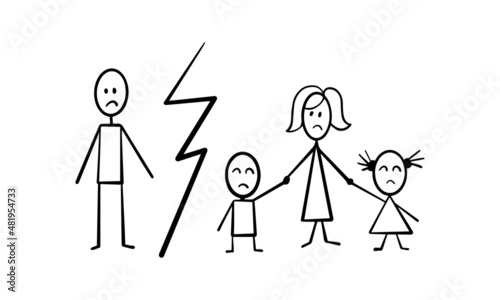 Family stick figures with lightning between members. Children separated from their father. Simple hand drawn divorce concept. Vector illustration.