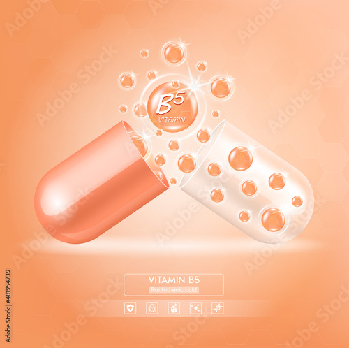 Vitamin B5 serum capsule orange. Vitamin complex with Chemical formula from nature. Beauty treatment nutrition skin care design. Medical and scientific concepts. 3D Realistic Vector EPS10.