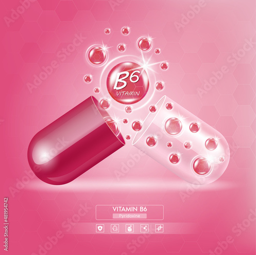 Vitamin B6 serum capsule red. Vitamin complex with Chemical formula from nature. Beauty treatment nutrition skin care design. Medical and scientific concepts. 3D Realistic Vector EPS10.
