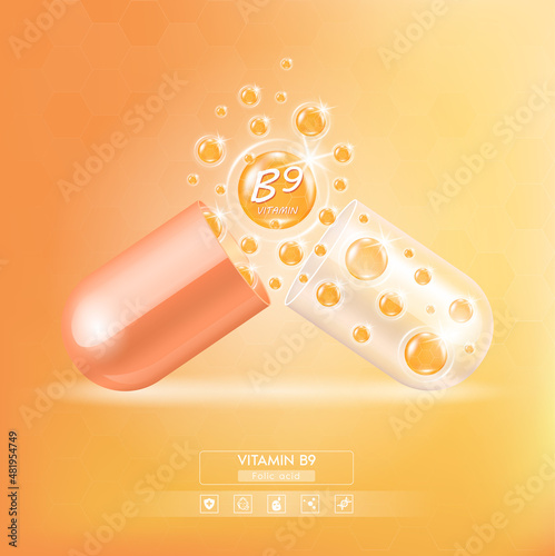 Vitamin B9 serum capsule orange. Vitamin complex with Chemical formula from nature. Beauty treatment nutrition skin care design. Medical and scientific concepts. 3D Realistic Vector EPS10.