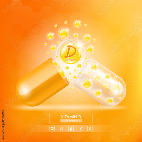 Vitamin D serum capsule orange. Vitamin complex with Chemical formula from nature. Beauty treatment nutrition skin care design. Medical and scientific concepts. 3D Realistic Vector EPS10.