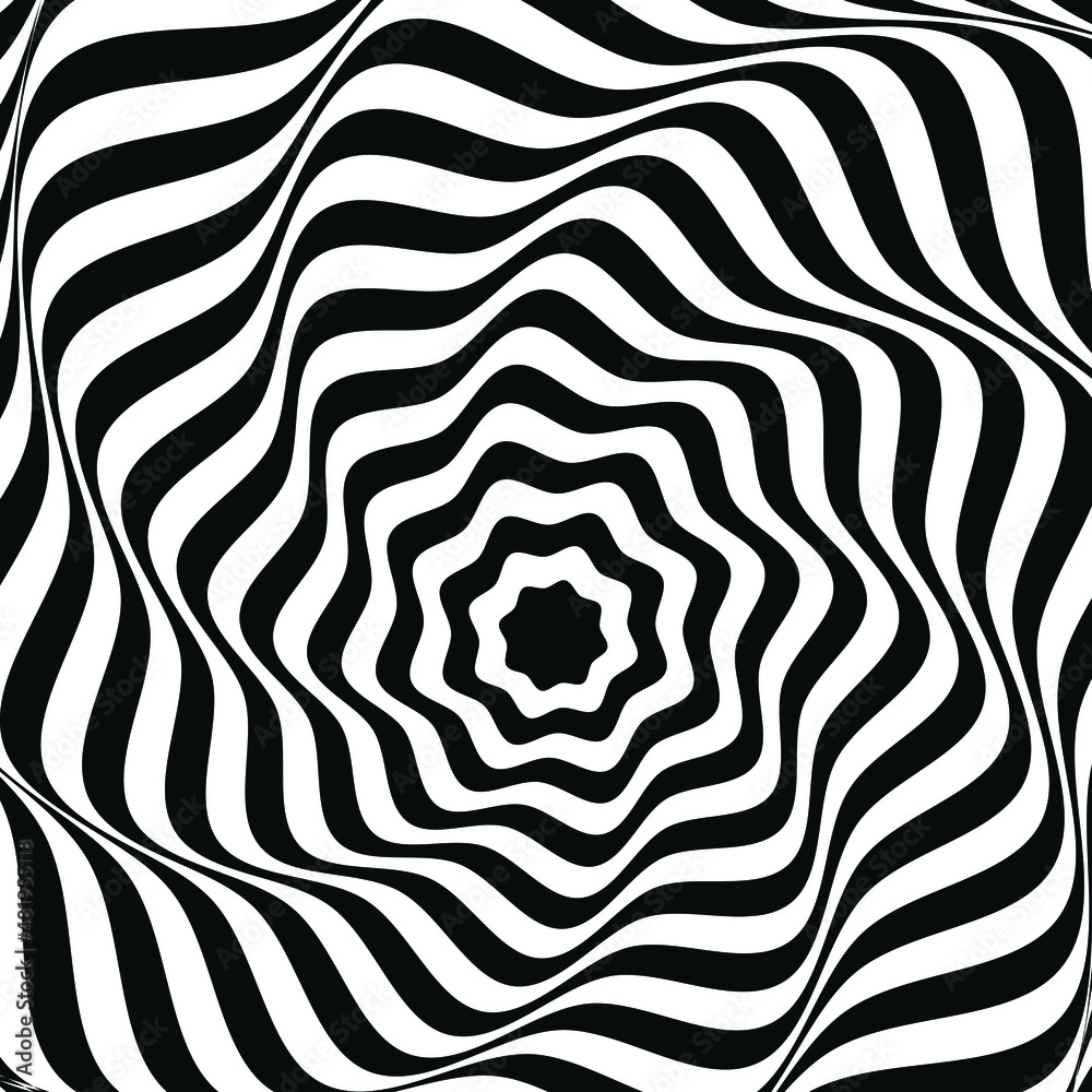 Black white line distortion . Optical illusion effect. Geometric art style. Vector illusive background, texture. 