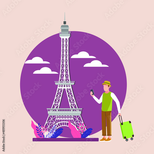 Man with green cap going to Eiffel Tower in Paris. Travelling day. Vector colorful illustration.