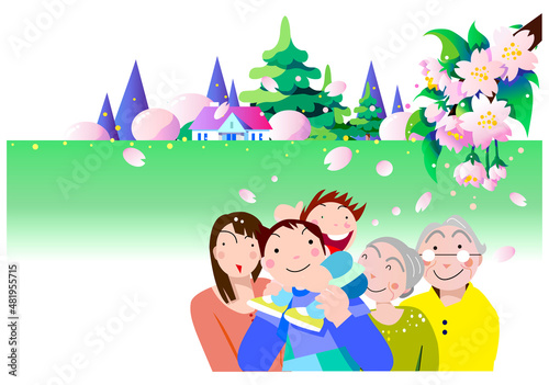 桜の花を見る祖父母と孫と若い夫婦