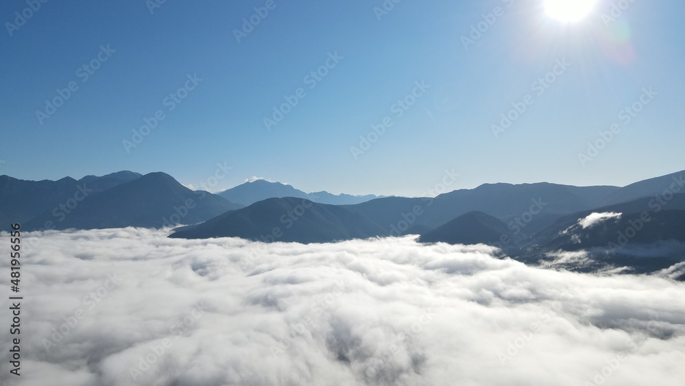 defauAerial View Massive Clouds Of Fog Above The valley Of Koritiani Village In thesprotia, Epirus, Greecelt