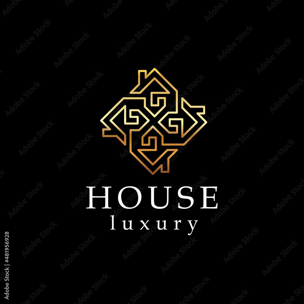 Real Estate Logo. Gold House Symbol Geometric Linear Style isolated on Double Background. Usable for , Construction, Architecture and Building Logos Real Estate Logo. Gold House Symbol Geometric Linear Style isolated on Double Background. Usable for , Construction, Architecture and Building Logos