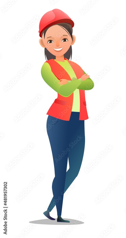 Little girl in overalls. Teen Handyman, locksmith or repairman. Cheerful person. Standing pose. Cartoon comic style flat design. Single character. Illustration isolated on white background. Vector Little girl in overalls. Teen Handyman, locksmith or repairman. Cheerful person. Standing pose. Cartoon comic style flat design. Single character. Illustration isolated on white background. Vector