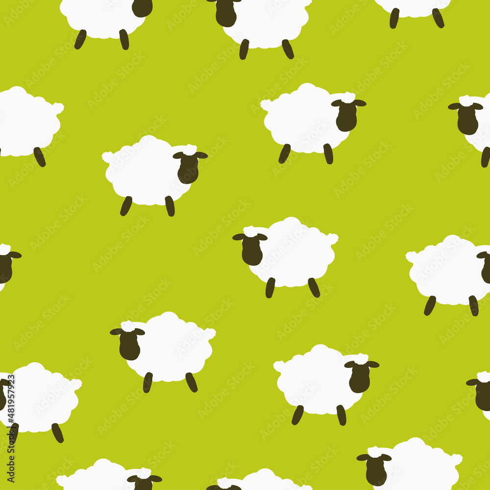 A simple pattern of sheep. Light green background, cute white sheep. The print is well suited for textiles, packaging and Wallpaper.