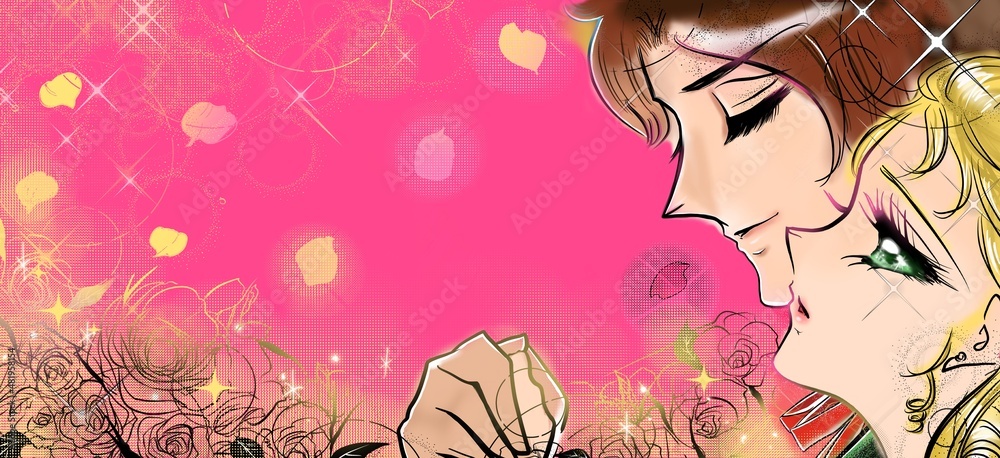 70年代少女漫画薔薇の花園で王子様に手を握られ急接近するかわいいお姫様のイラスト Stock Illustration Adobe Stock