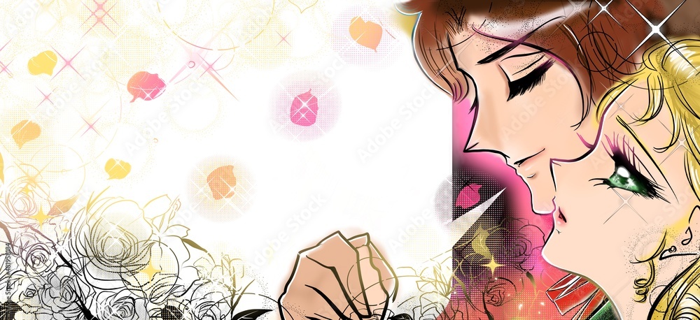 70年代少女漫画薔薇の花園で王子様に手を握られ急接近するかわいいお姫様のイラスト
