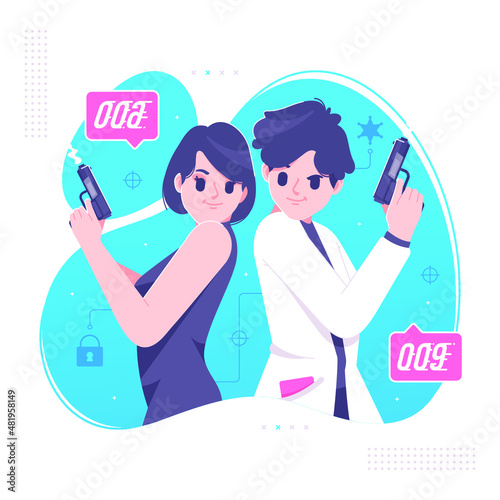 secret agent couple on mission illustration