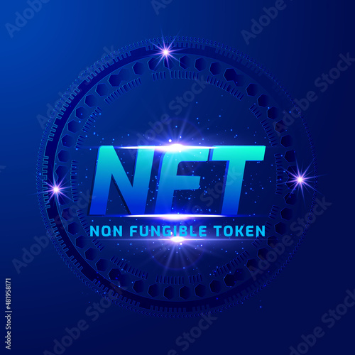 Ethereum Blue sign on futuristic neon purple background, text NFT non fungible token