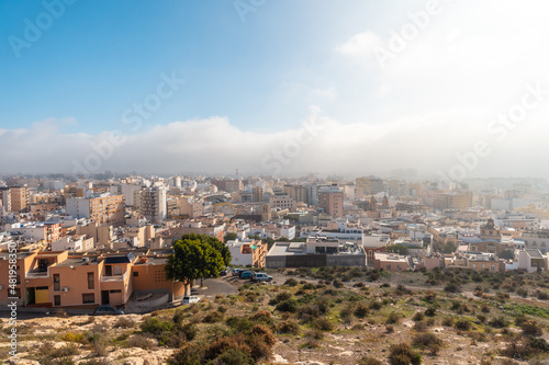 View of the city from the viewpoint of Cerro San Cristobal in the town of Almeria, Andalusia. Spain. Costa del sol in the mediterranean sea