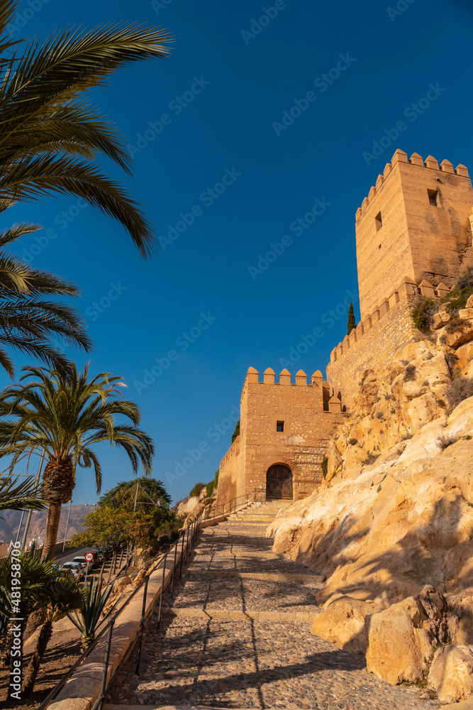 General entrance of the Alcazaba and the wall of the town of Almeria, Andalusia. Spain. Costa del sol in the mediterranean sea