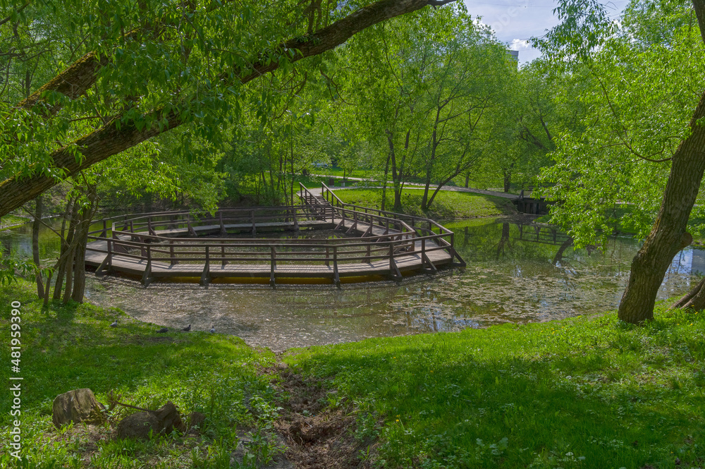 A small pond with an unusual footbridge. Moscow, Russia. A small pond with an unusual footbridge. Moscow, Russia.