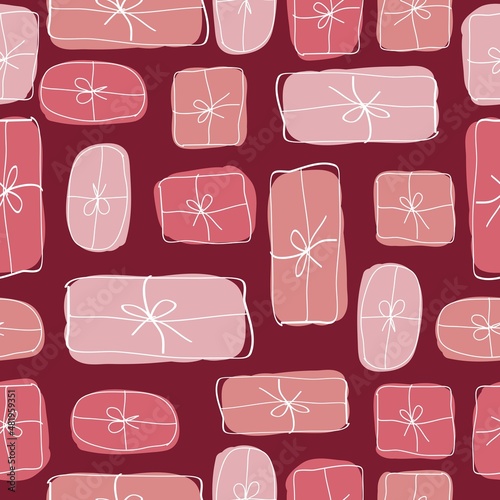 Seamless festive pattern. cute pink packaged gifts on a dark pink background. Vector texture. trend print for textiles and wallpaper, packaging and postcards.