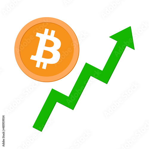 Cryptocurrency Rise vector illustration. Bitcoin BTC price increase, crypto volatility price spike and pick up. Stock market high profit. Crypto uptrend in value. Bullish candle and green up arrow.