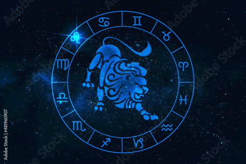 Leo horoscope sign in twelve zodiac with galaxy stars background