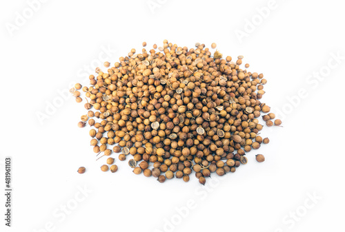 Top view of coriander seed on white background. Soft and selective focus, Asian ingredients concept.