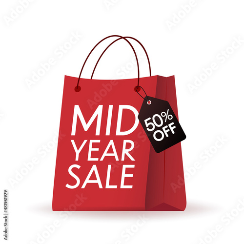 Mid year sale on red shopping bag. Paper bag vector. Sale tag. Price tag.