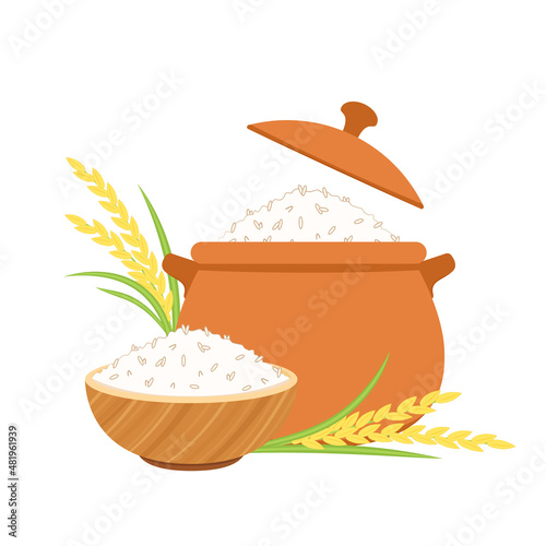 Cooking rice in earthen pot. Earthen pot vector. Hot rice in bowl.