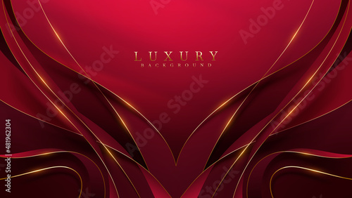 Fotografija Gold curved lines on red luxury background with glitter light effects decorations