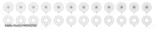 Pie chart icon. Segment slice sign. Circle section graph line art. 14 17 18 segment infographic. Wheel round diagram part. 15 phase  16 circular cycle. Geometric element. Vector illustration