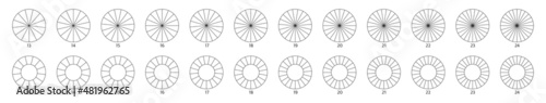 Pie chart icon. Segment slice sign. Circle section graph line art. 14,17,18 segment infographic. Wheel round diagram part. 15 phase, 16 circular cycle. Geometric element. Vector illustration