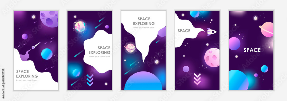 Social media templates. Space with planets and stars. Set of dark space templates for banners, posters, stories, covers, cards, flyers. Vector illustration. EPS 10