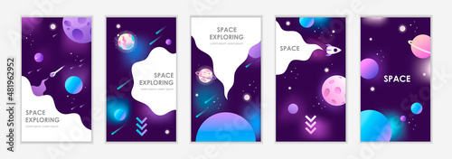 Social media templates. Space with planets and stars. Set of dark space templates for banners, posters, stories, covers, cards, flyers. Vector illustration. EPS 10