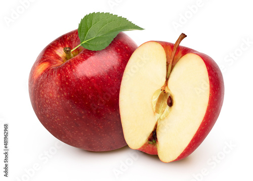 Red apple with leaves and halves isolated on white background, cut out