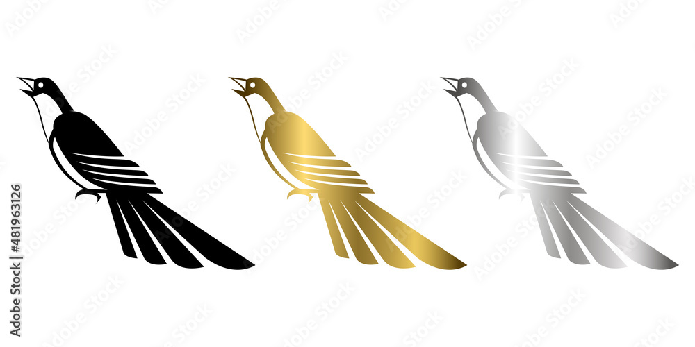 Obraz premium Three color black gold and silver Vector illustration on a white background of a magpie.