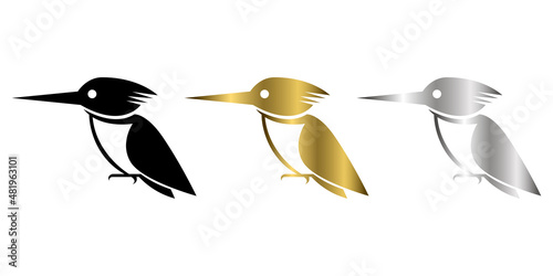 Three color black gold and silver line art Vector illustration on a white background of a Kingfisher bird Suitable for making logo