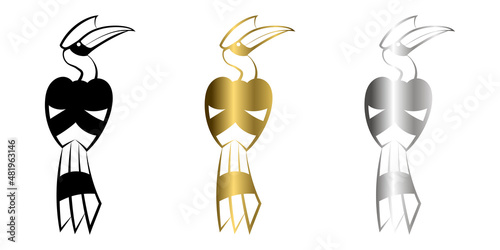 Three color black gold and silver vector logo of hornbill that is hanging on a branch. It's back view photo