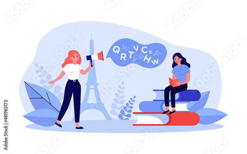 Woman with megaphone teaching French alphabet. Girl student learning, sitting on books flat vector illustration. Language course, education concept for banner, website design or landing web page