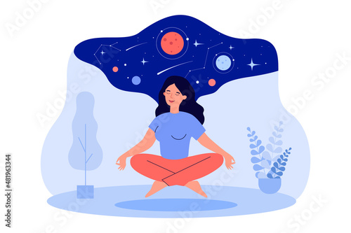 Woman floating in zen yoga pose. Happy person meditating with calm universe above head flat vector illustration. Harmony, balance, concentration concept for banner, website design or landing web page