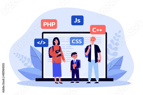 Students learning programming languages. Tiny man, woman and child engineering software code online flat vector illustration. Education, science concept for banner, website design or landing web page