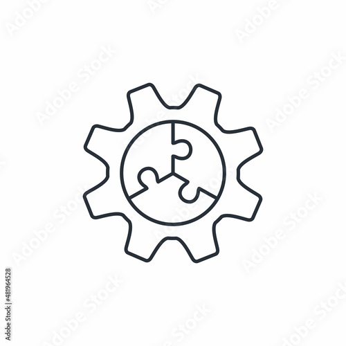 Three puzzles in one gear. Combine elements into one technology. Vector linear icon isolated on white background