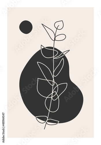 Minimalist botanical branch with leaves abstract collage